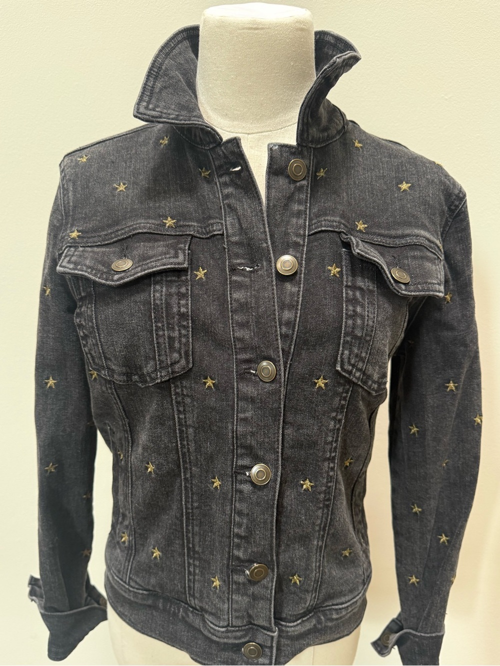 Victoria's Secret Black Denim Jacket with Gold Star Embroidery